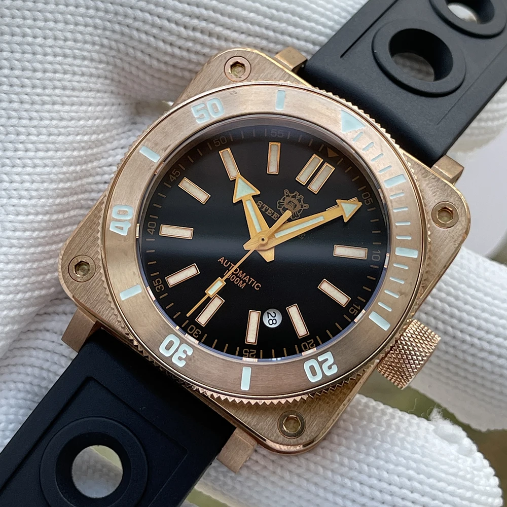 

Мужские часы для дайвинга Steeldive SD1941S с бронзовым квадратным циферблатом и черным циферблатом, сапфировым стеклом, водонепроницаемость 1000 м ...