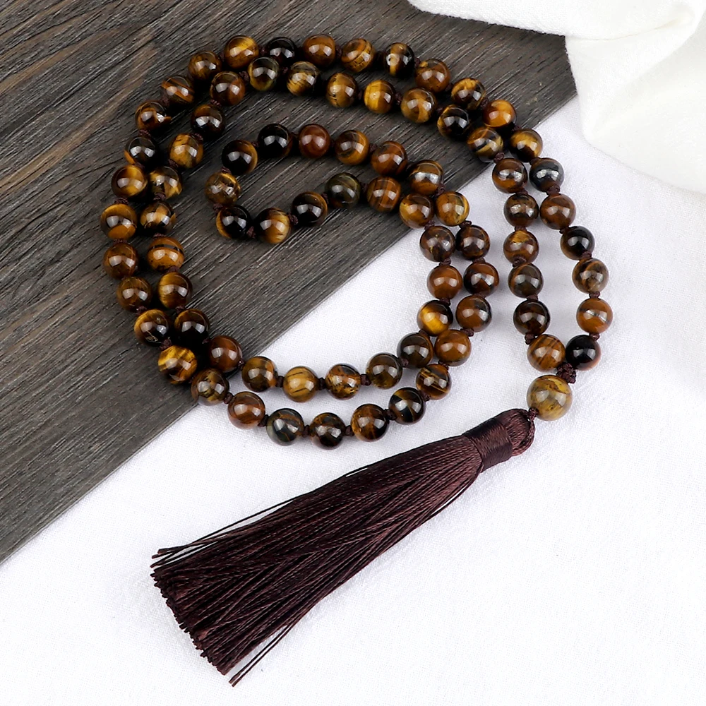 

New Charm 8MM Tiger Eye Beaded Bracelet Prayer Elastic Rope Tassel Pendant Necklace Women Yoga Meditation Healing Bangle Jewelry