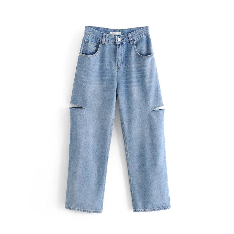

GVUW Wide Leg Blue Hole Jeans New Arrivals High Waist Loose Women Wide Leg Trousers Fashion Tide Spring Autumn 2021 20D842