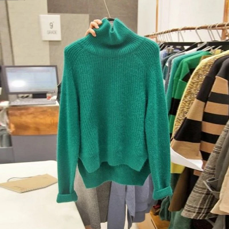 Женский свитер с длинным ворсом Мягкий трикотажный разрезом зеленый норковый