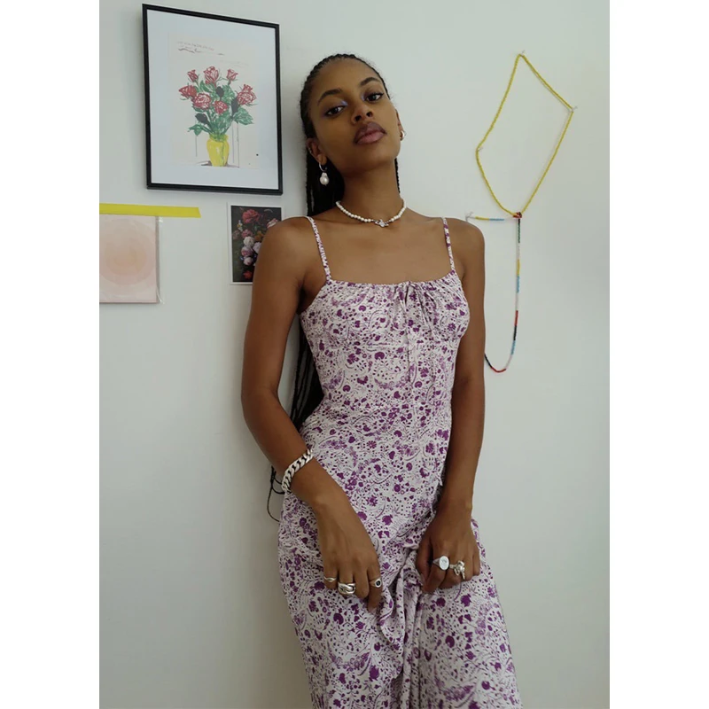

Spaghetti 11.24 100% Silk Strap Ladies Print Sexy Slim Elegant Holiday Beach Long Dress Women