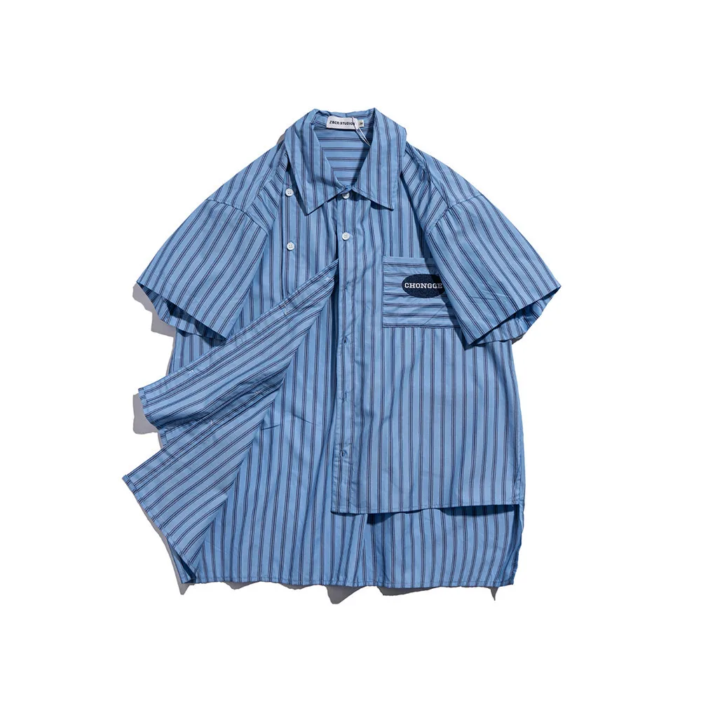 

Vertical stripe short sleeve shirt men's Harajuku fashion brand irregular hem half sleeve shirt trend loose 5-sleeve