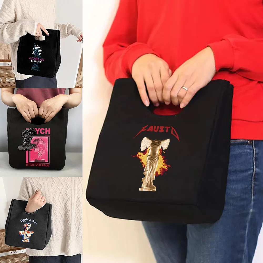 

2023 женская сумка, холщовая термальная сумка для ланча, для пикников, офиса, детей, органайзер с принтом скульптур, экологически чистые сумки ...