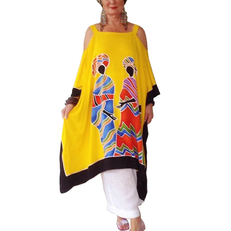 

Летние свободные африканские платья с принтом, популярный цвет, большие размеры, повседневное женское платье средней длины с открытыми пле...