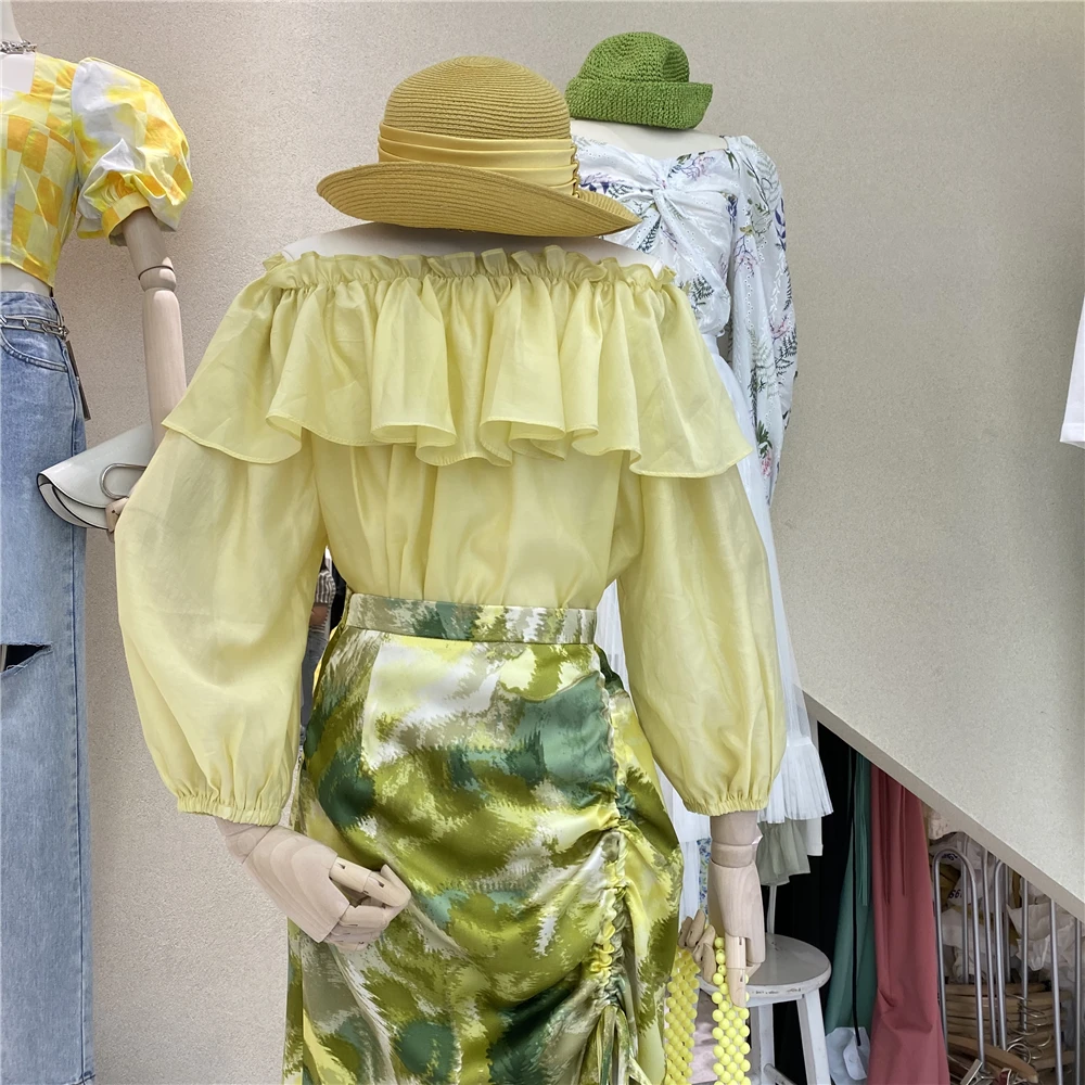 

2021 Summer Women Clothing Off-Shoulder Ruffles Blouse Thin Sun Protection Top Female Long Sleeve Yellow Shirt Top