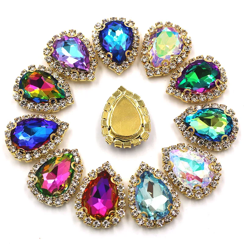 

HFOUR New Drop Shape Glass Crystal Ab Rhinestones Cup Chain Tirm Gold Claw Setting Sew On Patches/Applique For Clothing/Dress