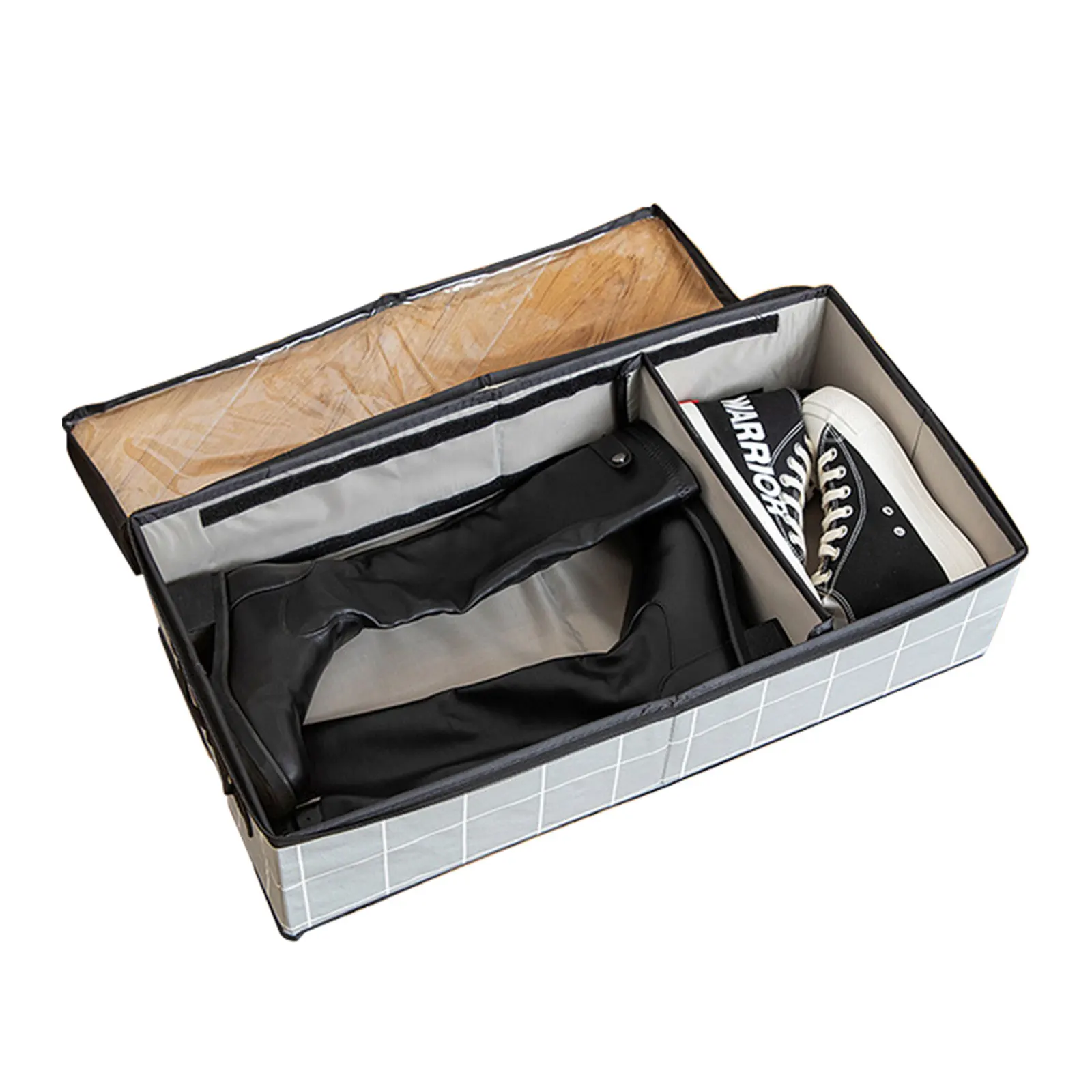 

Folding Under Bed Shoe Organizer With Transparent Window Adjustable Under Bed Shoes Storage Box Organizer Hook-N-Loop Dividers