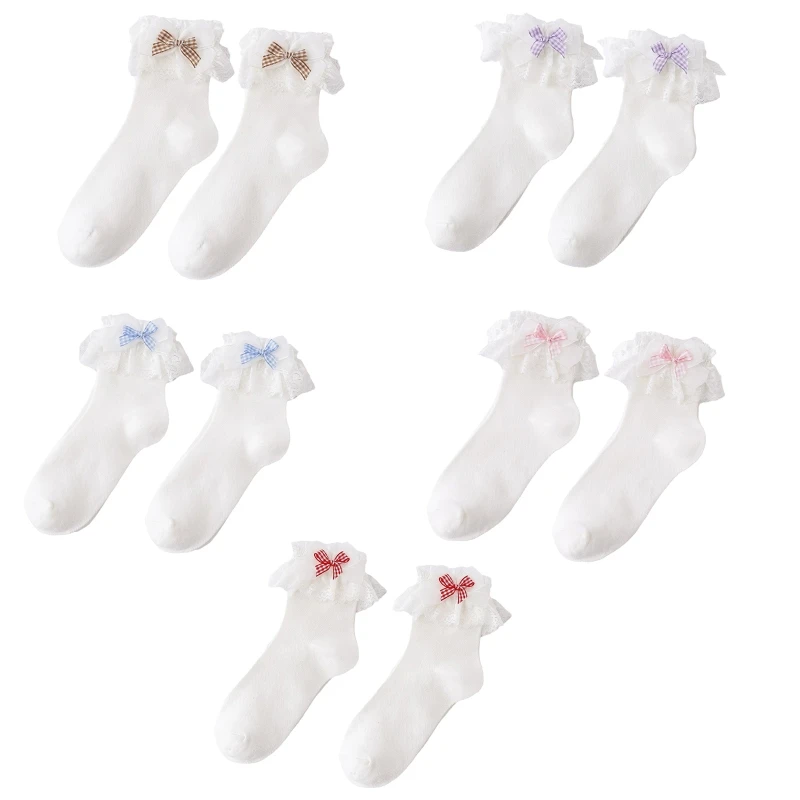 

Women Lolita Cotton Socks Ruffle Lace Hosiery Plaid Bow Socks Short Crew Socks