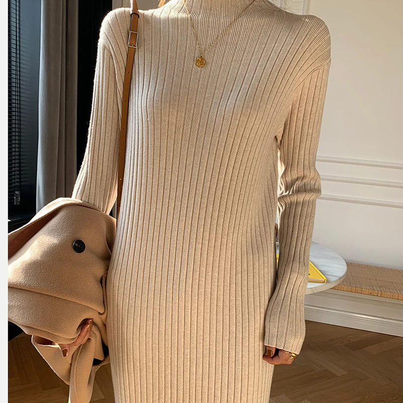 

Autumn Winter Dress 2021 Turtleneck Dress Female Straight Outer Wear Midi Women Dress Casual Striped Sweater Knitted Dress