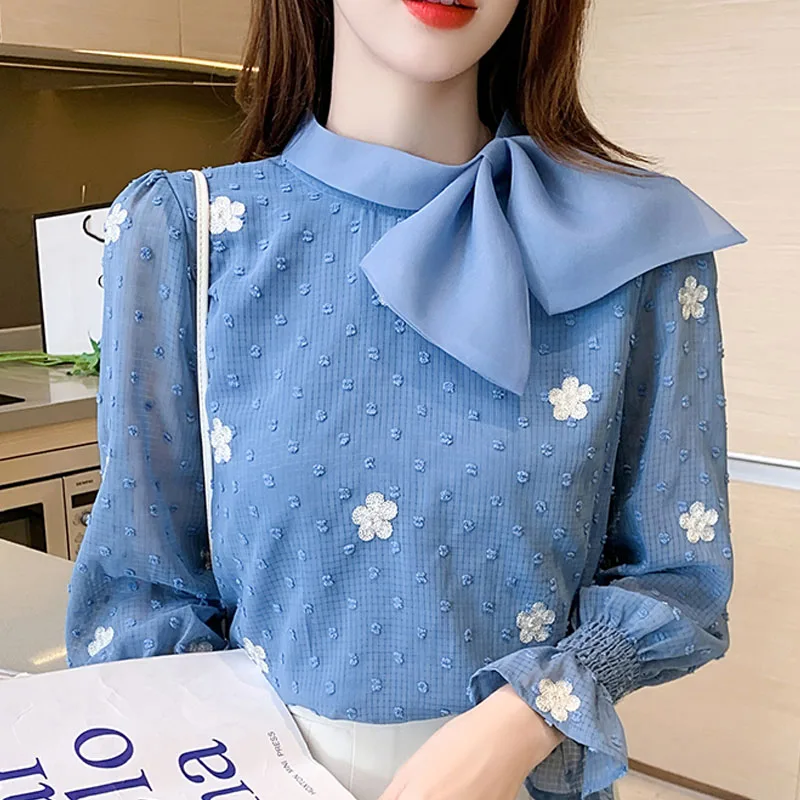 Блузка женская с длинным рукавом шифоновая рубашка цветочной вышивкой и бантом в