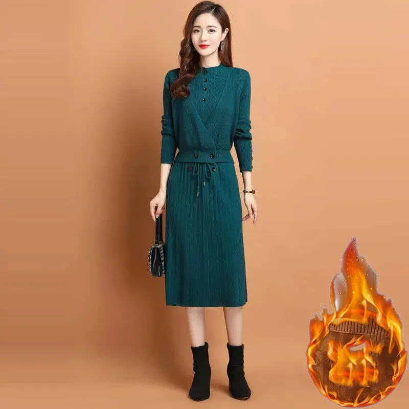 

Winter thick fake two pieces Sweater Dresses Elegant Lace-up Slim knit Dress Office Lady Chic Mid Lenthg Dresses With overcoat