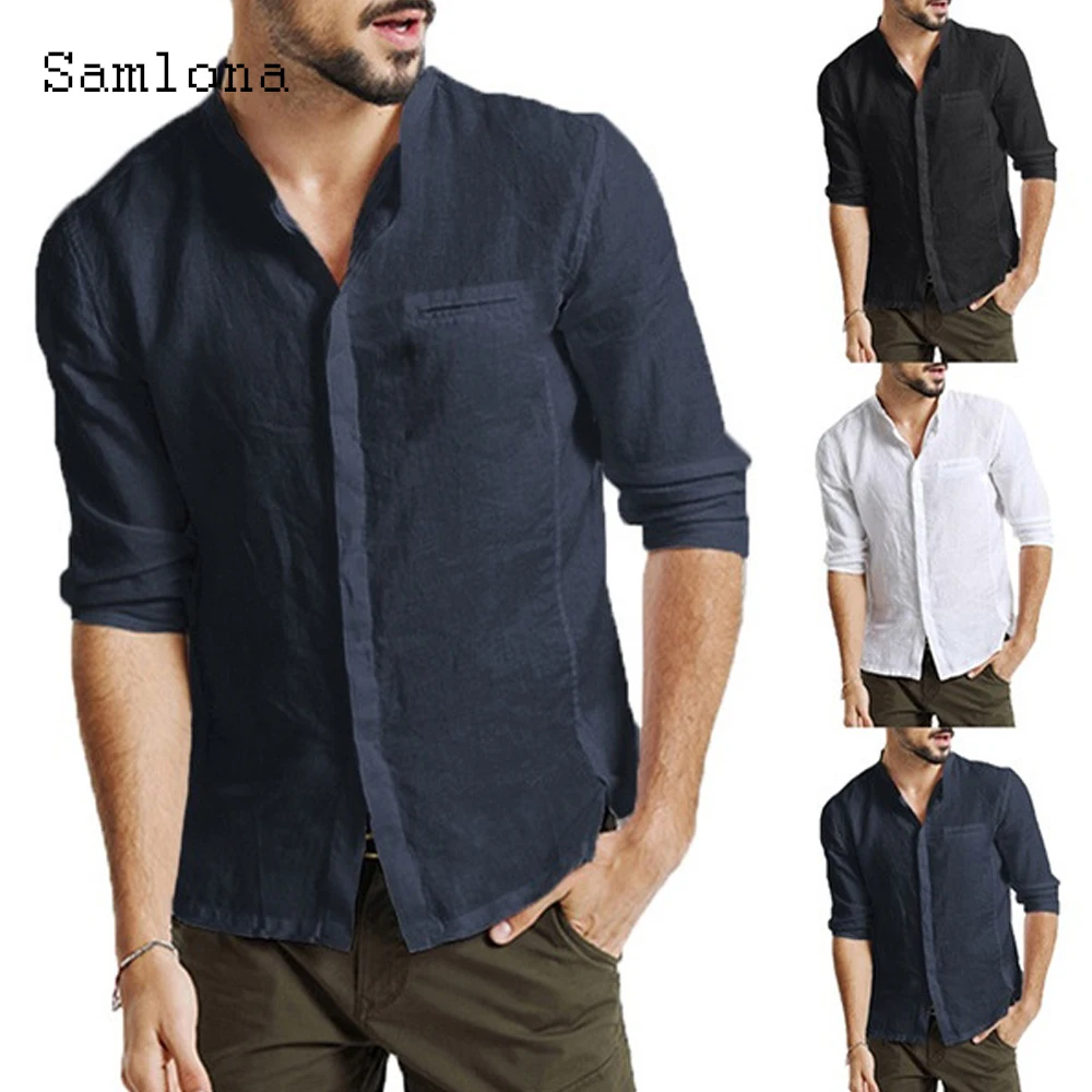 Samlona Plus Size Men Shirt Linen Tops Sexy Men clothing 2021 Summer Casual Shirts Half Sleeve Single-breasted Mens Blouse