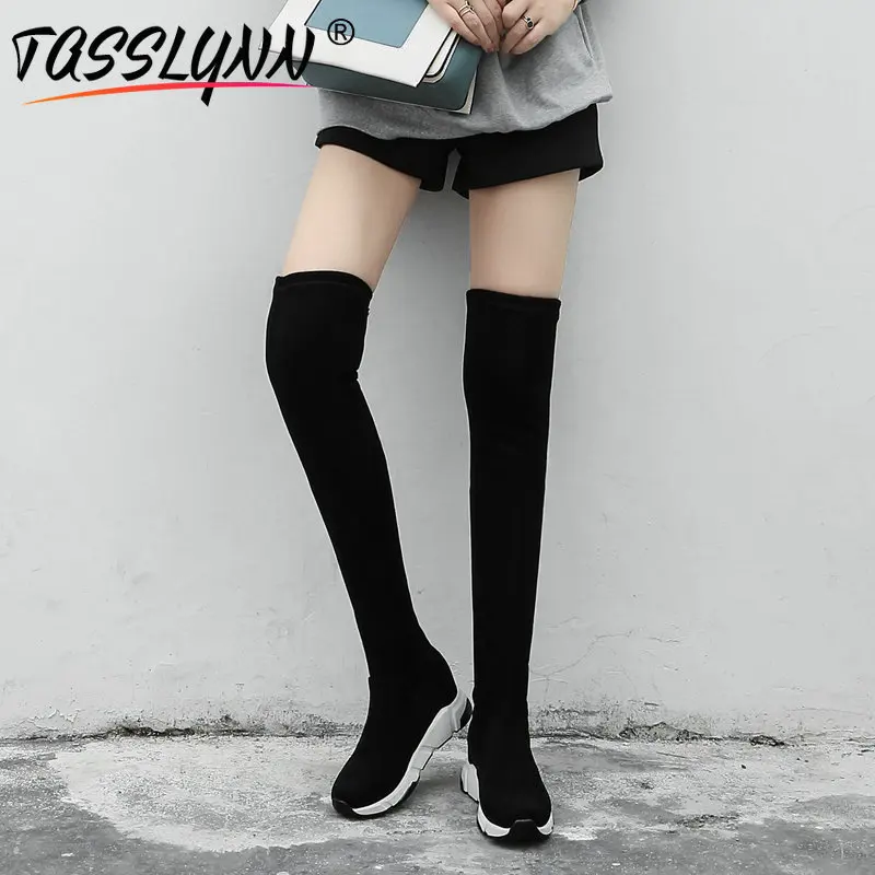 TASSLYNN/2019 г. Зимняя обувь женские Стрейчевые базовые Сапоги выше колена без