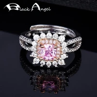 black angel 925 silver luxury princess pink spinel crystal rings for women bride adjustable ring wedding jewelry christmas gift