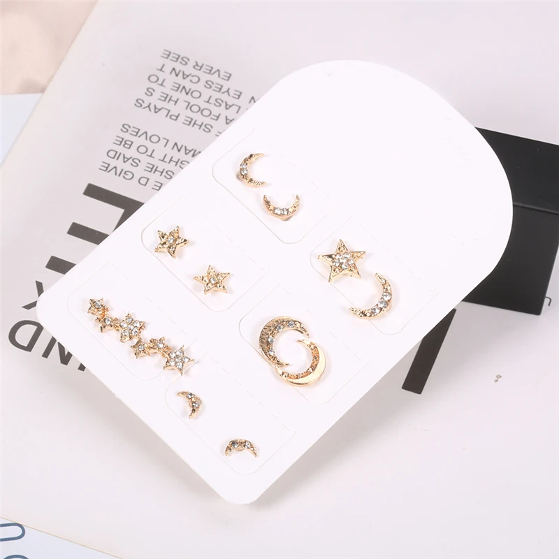 

6 Pair/Pack Small Gold Moon Star Geometric Crystal Lightning Crescent Women Stud Earrings Sets Earings Fashion Jewelry Stud