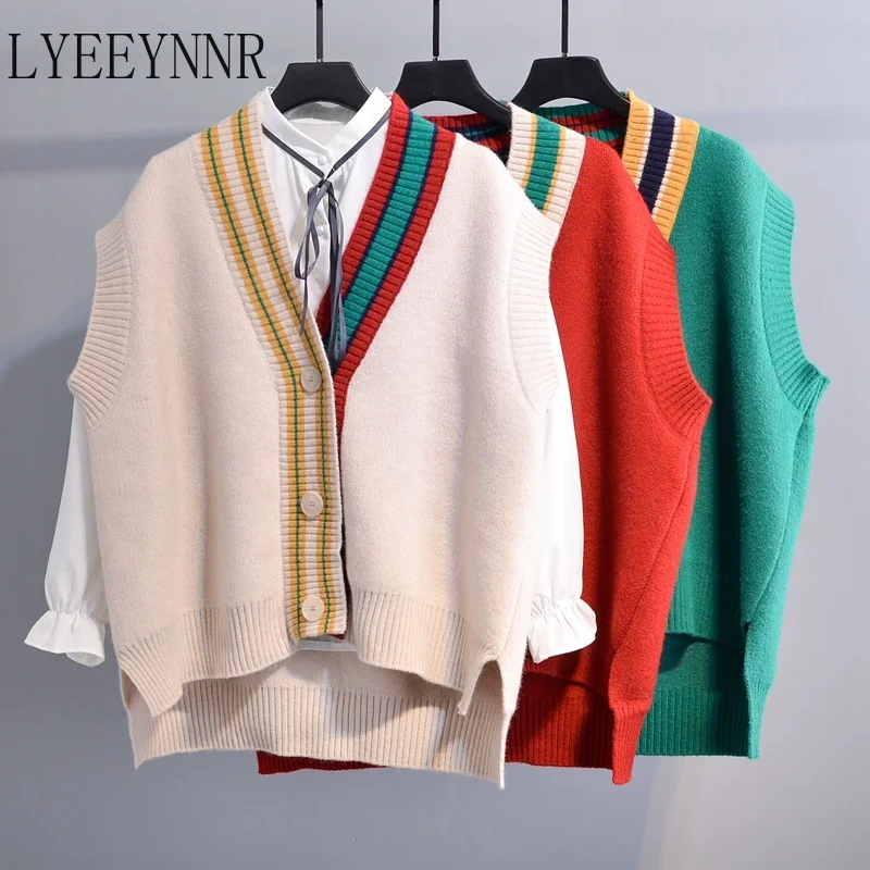 

LYEEYNNR Hit Color V Neck Knit Vest Women V Neck Sleeveless Single Breasted Waistcoats Korean Style New Fashion Cardigan Lady