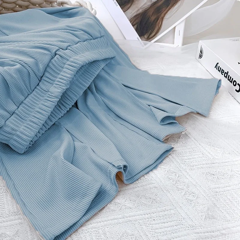 

Women Summer Thin Knit Trousers Black Wide Leg Loose Pants Ankle-Length Pants Casual Trouser Elastic Waist Plus Size Pants Y843