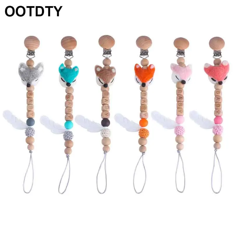 

Baby Wood Pacifier Clip Cartoon Animal Teething Chain Silicone Feather Infants Teether Soother Dummy Holder Molar Toys Gifts
