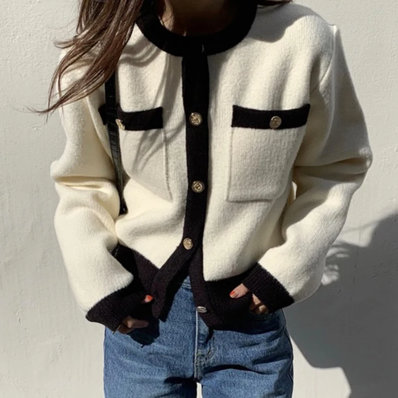 

Autumn Winter Sweater Cardigans Women O-Neck Long Sleeve Vintage Elegant Jumpers Single Breasted Knitwear Loose Pockets M106