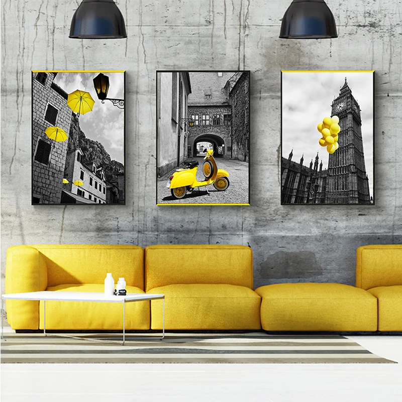 

Nordic Style Black White Posters and Prints Yellow Motorcycle Balloon Umbrella Canvas Art Painting Wall Picture for Living Room