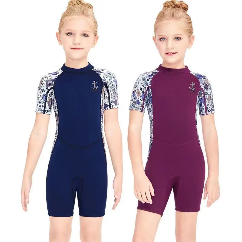 

2021 New One Piece 2.5MM Kids Girl Short Sleeve Diving Shorty Wetsuit Swim Surfing Suit Keep Warm UV Protection Swimwear