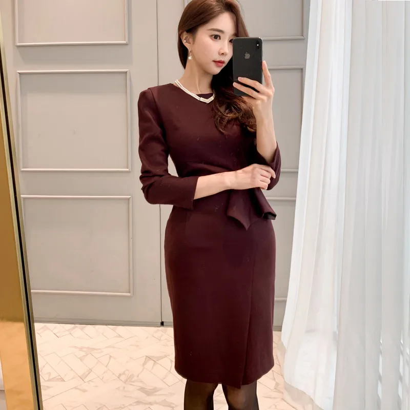 

Women Solid Color O-neck Long sleeve Ruffles Slim Vestidos 2020 Spring Office OL Business work Elegant bodycon Pencil Dress