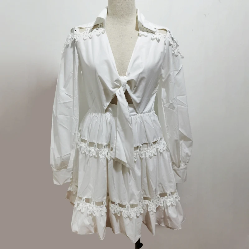 

White Patchwork Lace Dress For Women V Neck Lantern Long Sleeve Lace Up Mini Dresses Female 2021 Spring Fashion New