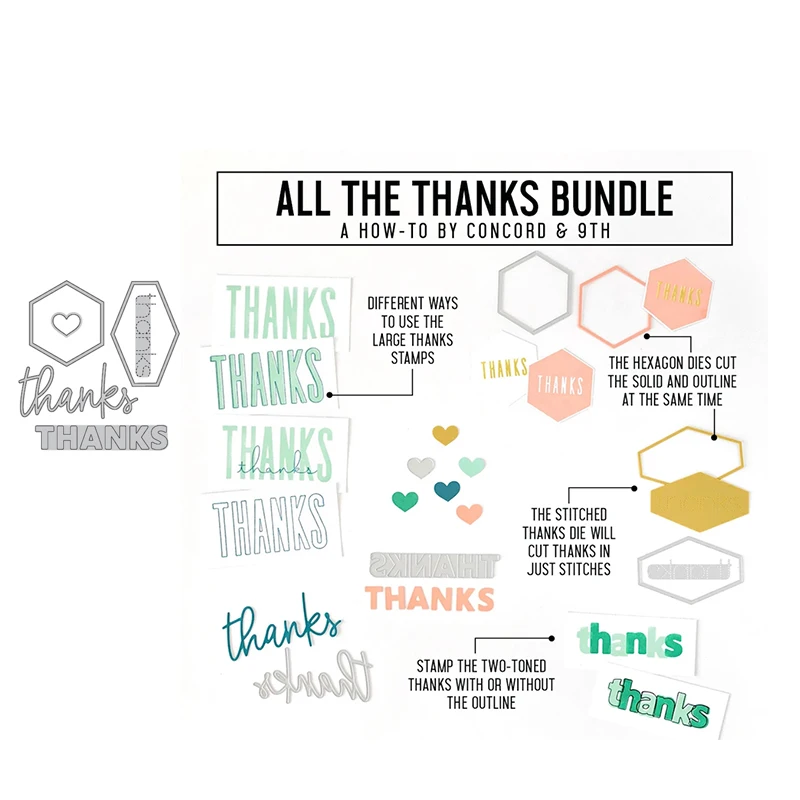 

New Metal Cutting Dies Thanks Heart Hexagon Craft Stencil Diy for Scrapbooking Handmade Card Make Shape Album Decoration Model