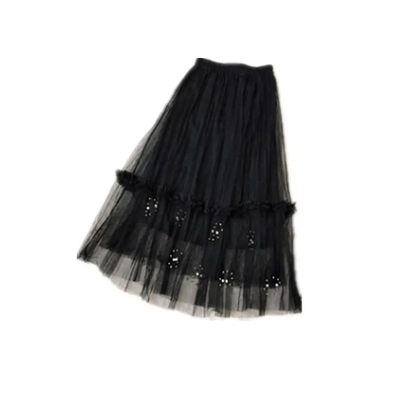 

Kimutomo Women Skirts Spring Autumn Chic Korean Ladies Handmade Bead Stitching Lace High Waist Pleated Mesh Skirts Outwear