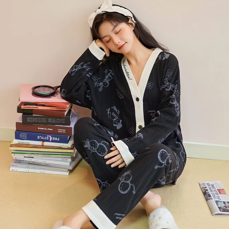 

QSROCIO Women's Pajamas Set Cute Snowman Print Cotton Sleepwear Cute V Neck Home Suit Casual Homewear for Girl Nightwear Femme