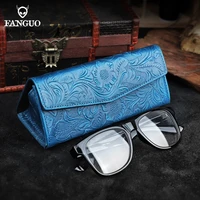 1pcs triangle glasses box vintage folding genuine leather strong magnet eyewear case portable protective eyeglasses organizer
