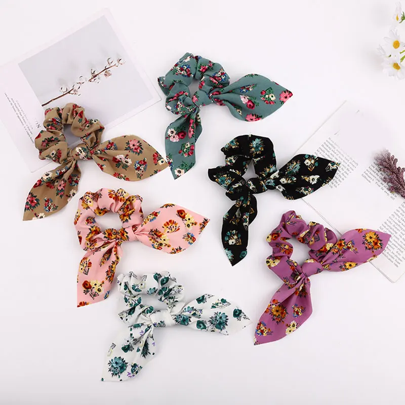 

Fashion Bows Knotted Scrunchies Ponytail Holder Women Hair Accessories Floral Print Elastic Hair Bands Rabbit Ears Hair Ring