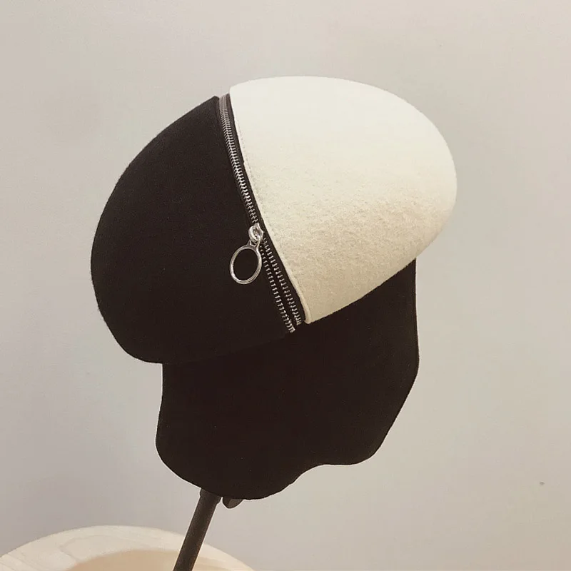 Элегантный Ретро Белый Черный лоскутный теплый шерстяной берет для женщин