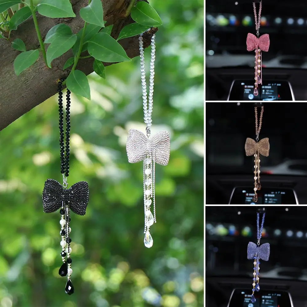 

Ornaments Diamond Car Hanging Accessories Crystal Pendant Car Rear View Mirror Bowknot Rhinestones Car Pendant Tassel
