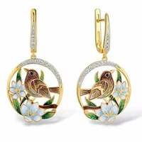 unique golden lovely bird flower leaves inlaid crystal zircon rhinestone female clip earrings for women party jewelry