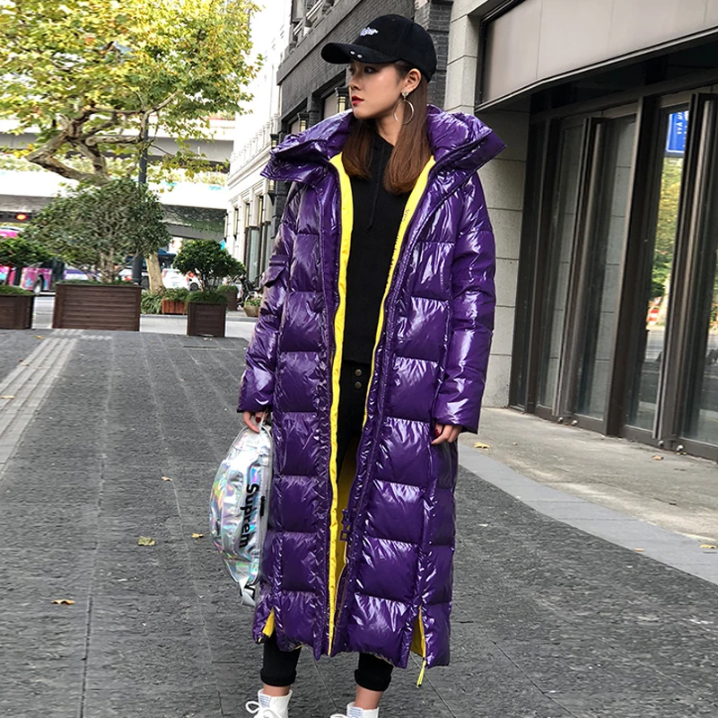 Зимняя модная женская пуховая хлопковая куртка Глянцевая теплая парка X long с