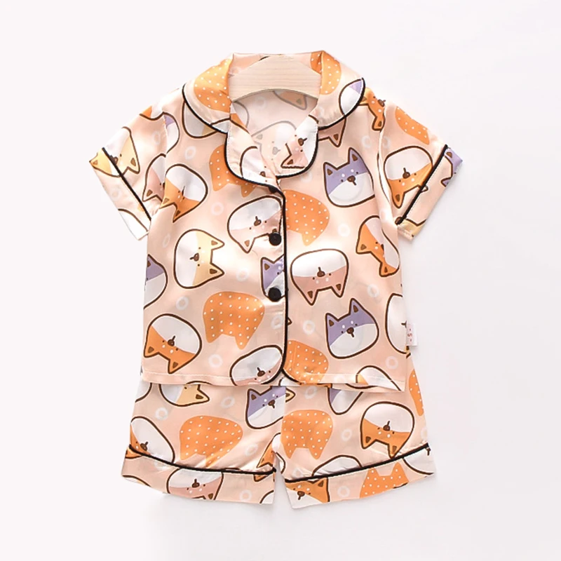 Baby Boy Cartoon Pajamas Set Silk Satin Pyjamas Cute Kids Clothes Short Sleeve Blouse Top + Shorts Sleepwear Suit Girls Homewear