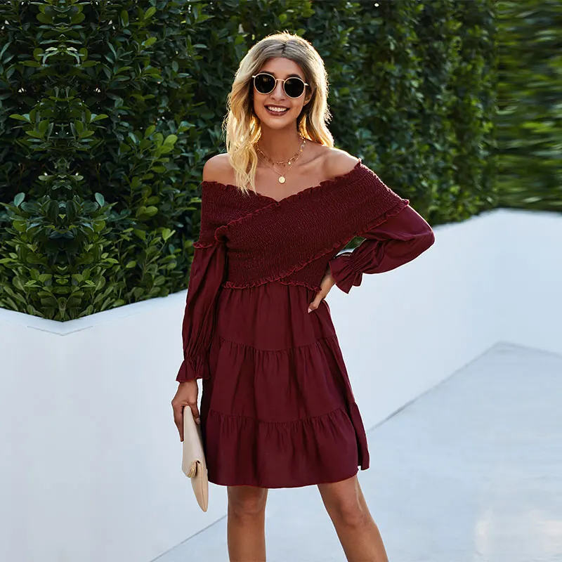 

2021 New Summer Slash Neck Solid Dress Women Casual Full Sleeve Backless Medium Long Ladies Fashion The Shoulder Dress