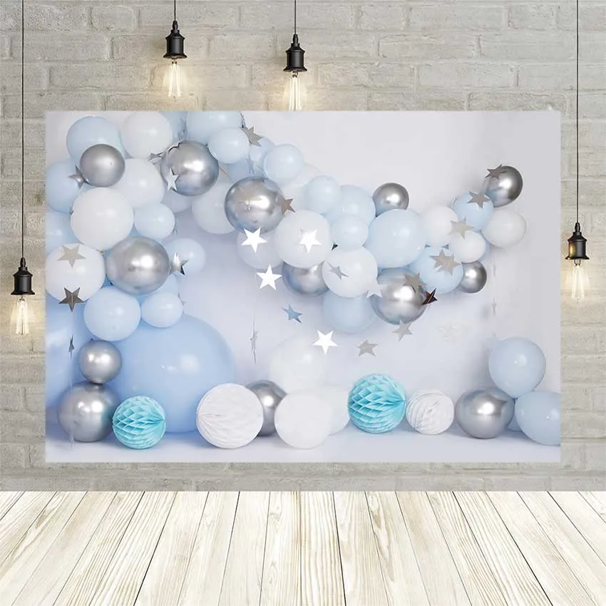 

Avezano Blue Balloons Photography Background For Photo Studio Silver Star Newborn Baby Birthday Photophone Backdrop Photozone