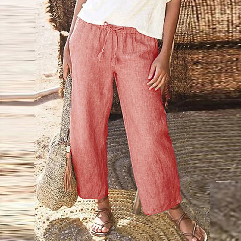 

Women Loose Casual Solid Straight Pants Summer Mid Waist Ankle-Length Pants Plus Size 3XL Drawstrings Female Pants Dropshipping