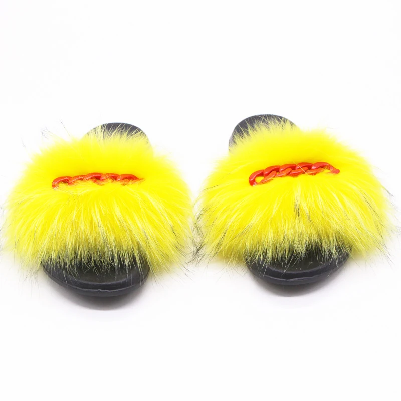 

Women's Summer Slippers 2021 New Real Fox Raccoon Fur Cute Fluffy Furry Red Chain Decoration Indoor Flat Slides Sandals TX35