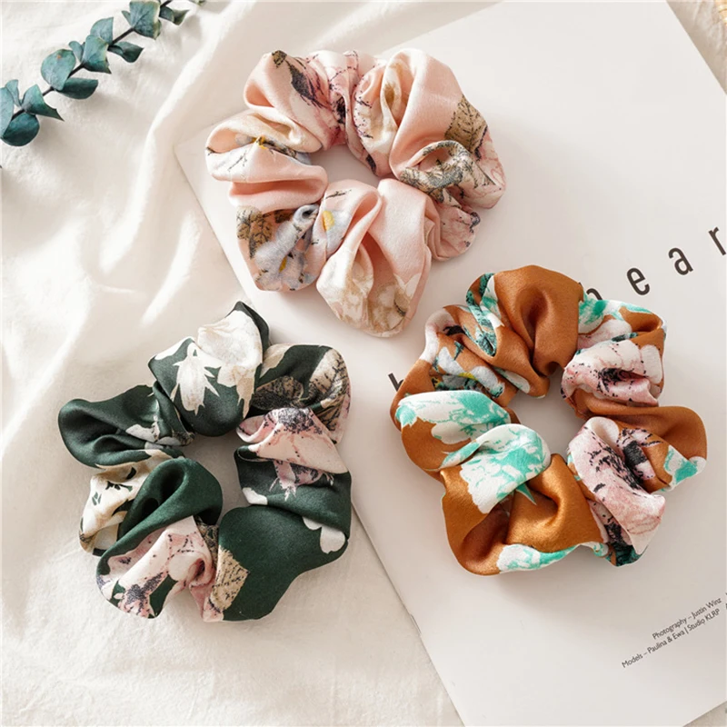 Women Satin Silk Hair Tie Elastic Scrunchies Ponytail Holder Hair Rope Rings New Christmas Hair Accessories Wholesale Floral