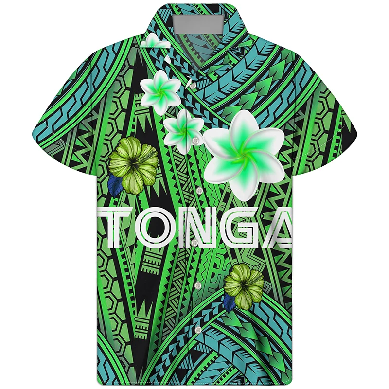 

HYCOOL Wholesale Custom Tonga Tattoos Print Vintage Green Men Shirt Summer Casual Button Up Oversize Hawaiian Shirt Men Clothing
