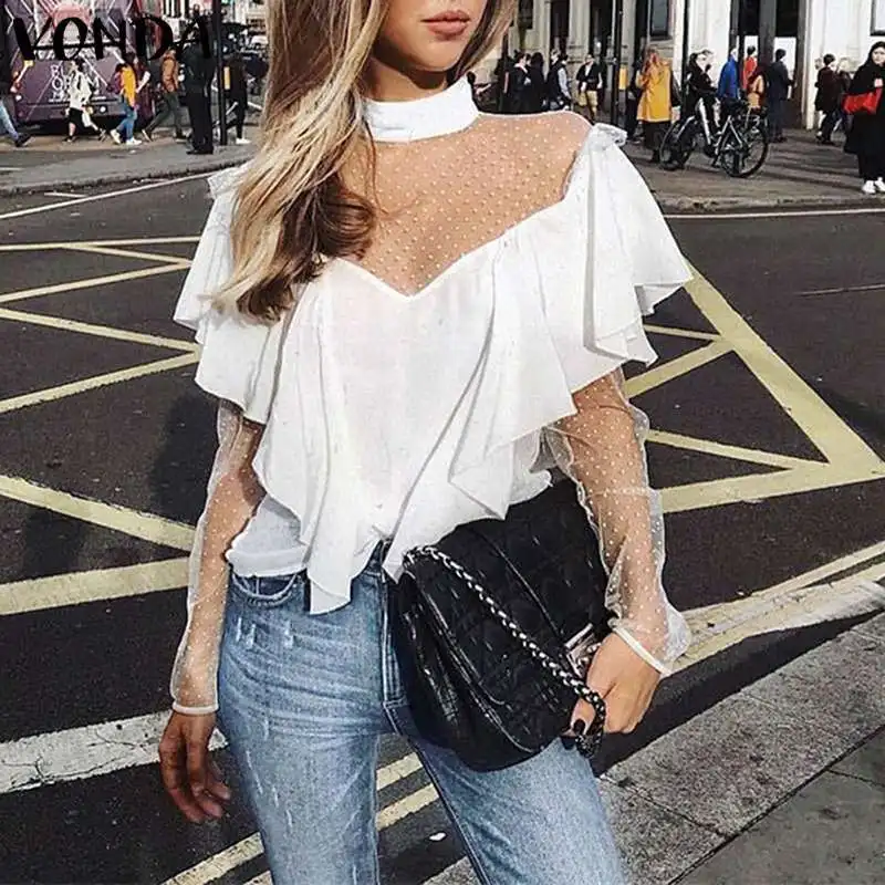 Корейская Готическая Женская сетчатая блузка в горошек прозрачный топ с