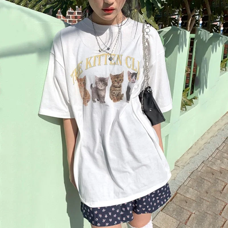 Kawaii The Kitten Club Женская футболка уличная одежда белая хлопковая женская с коротким