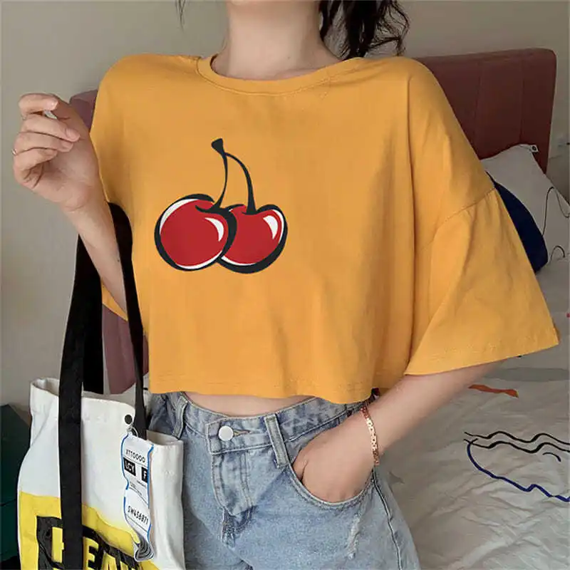 

Pure cotton Hong Kong style short sleeves women Korean version of ins short loose high-waist navel printed t-shirt all-match top
