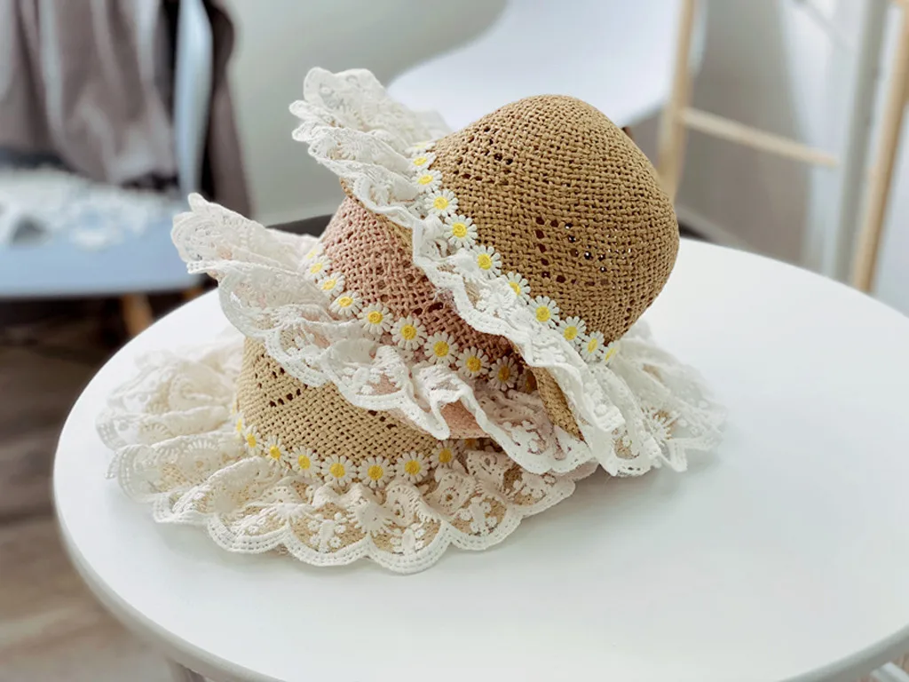 

Spring and Summer Kids Lace Floral Sunflowers Straw Hat Cute Princess Bucket Beach Sun Protection UV Hat Casual Outdoor Caps