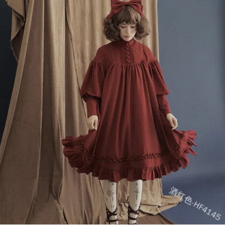 

Kawaii girl gothic vintage falbala stand lantern sleeve loose victorian dress Japanese sweet lolita dress lolita op loli cosplay