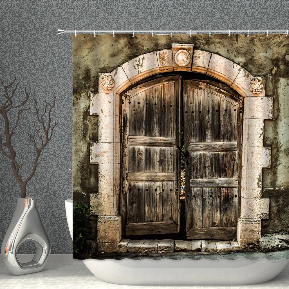 

Oil Painting landscape Shower Curtain Rustic Old European Style Boy In The Door House Antique Print Bathroom Curtain Bath Decor