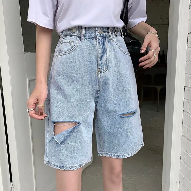 

Шорты женские джинсовые с завышенной талией, уличная одежда с широкими штанинами, с дырками, в Корейском стиле, лето 2021